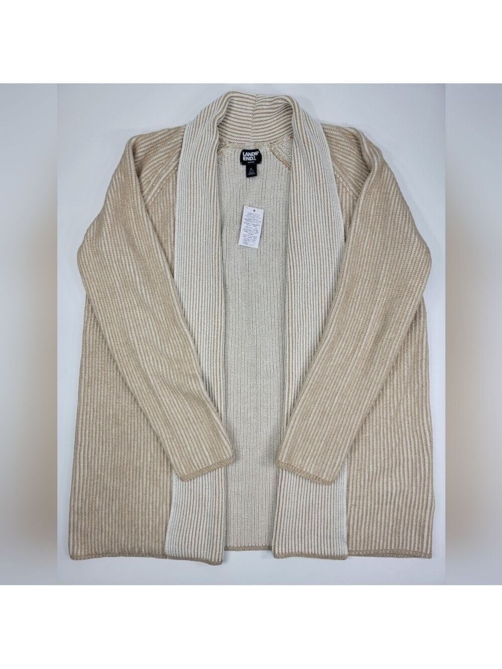 NEW Land's End Womens Large Drifter Cardigan Sweater Open Front Textured Beige